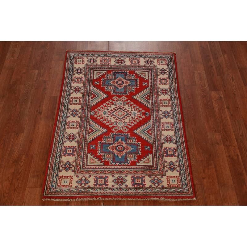 Geometric Kazak Foyer Rug Hand-Knotted Red Wool Carpet - 2'8"x 3'10"