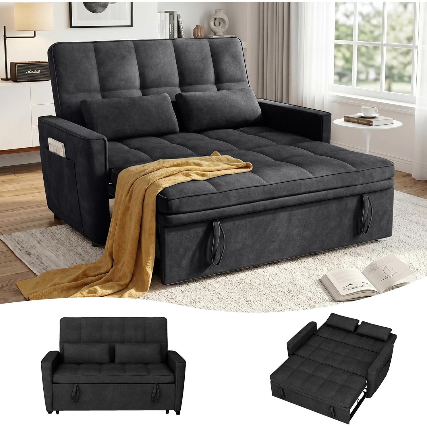 54" Sleeper Sofa Bed,Convertible Pull Out Couch Futon,Side Pockets,Velvet Fabric,Adjustable Backrest