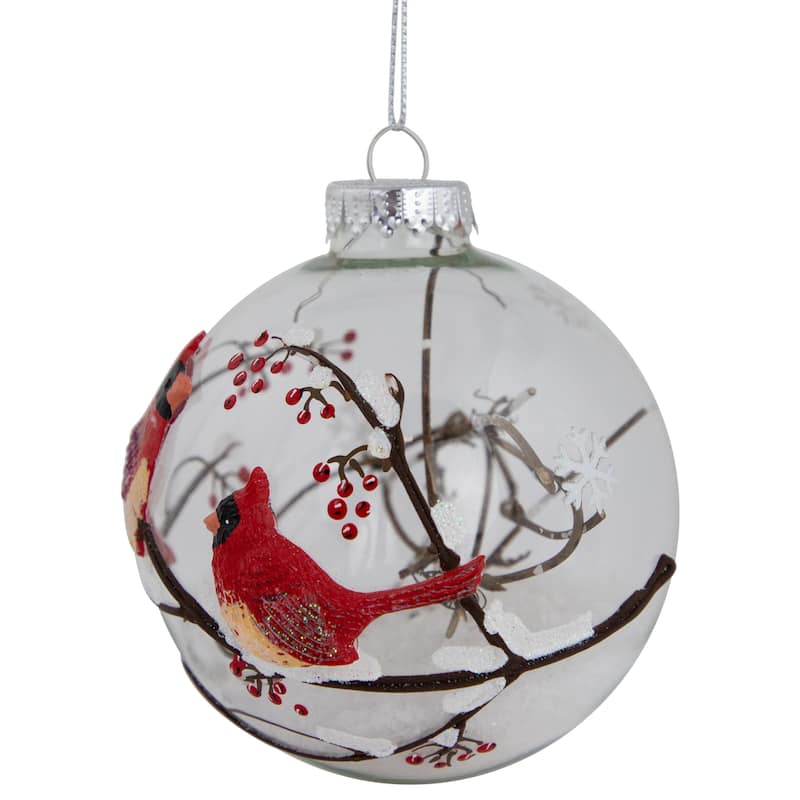 Cardinals Snowy Winter Scene Glass Ball Christmas Ornament - 4" - Red