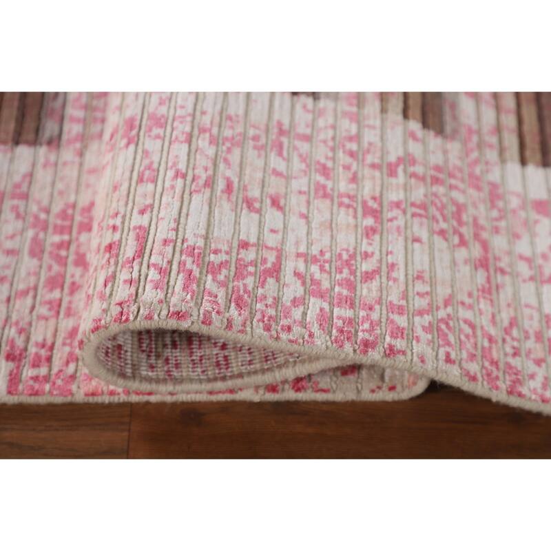 Striped Pink Abstract Area Rug Hand-Knotted Modern Wool Carpet - 6'6"x 9'0"