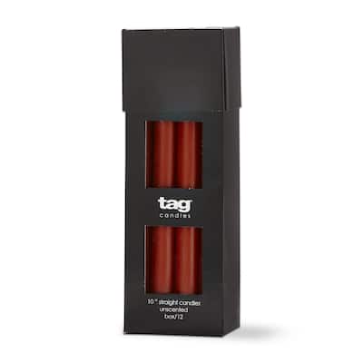 Color Studio 10" Straight Taper Unscented Smokeless Paraffin Wax Candle Burnt Siena, Burn Time 10 hrs. Set 12