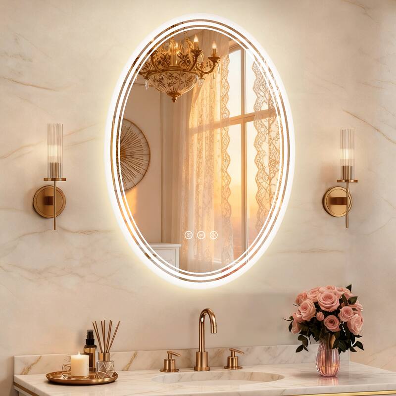 UL Certified Oval LED Bathroom wall Mirror, Anti-fog, 3-Color Dimmable