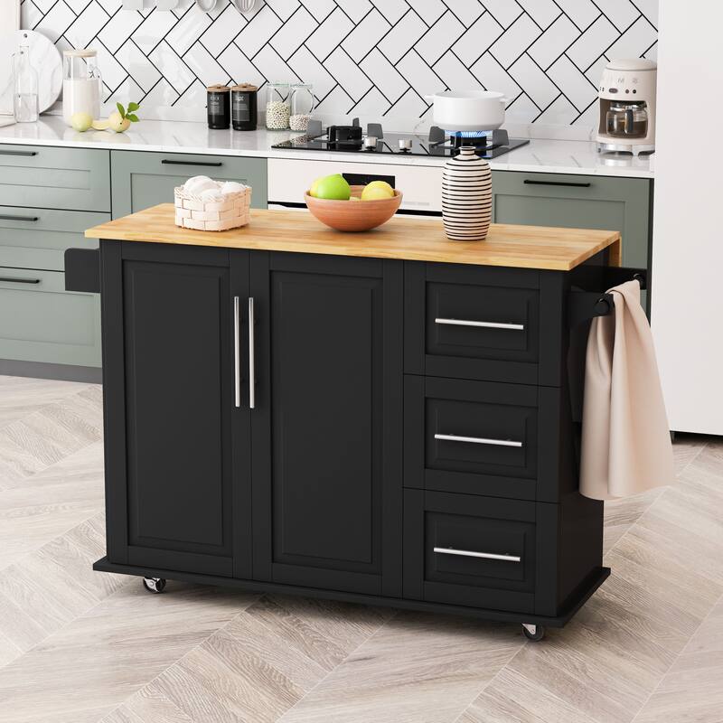 Mobile Kitchen Storage Cart with Folding Countertop, 2-Door Cabinet, Drawers, Towel Rack & Smooth-Rolling Casters