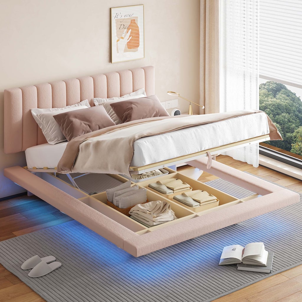 Queen Size Upholstered Floating Bed with LED Light and USB Port