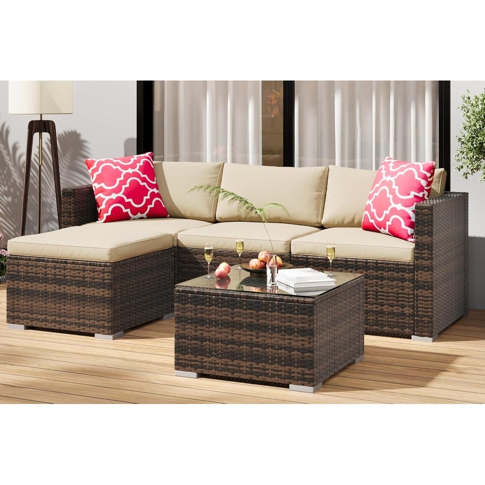 5 Pieces Patio Furniture Set, Outdoor Sectional Sofa, All-Weather Wicker Conversation Set with Ottoman