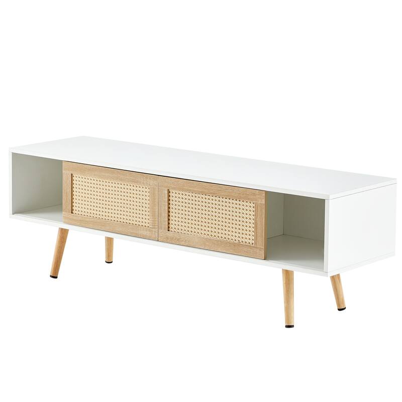 White 55.12" TV Stand with Double Sliding Doors, Solid Wood Legs and Adjustable Shelf for Living Room