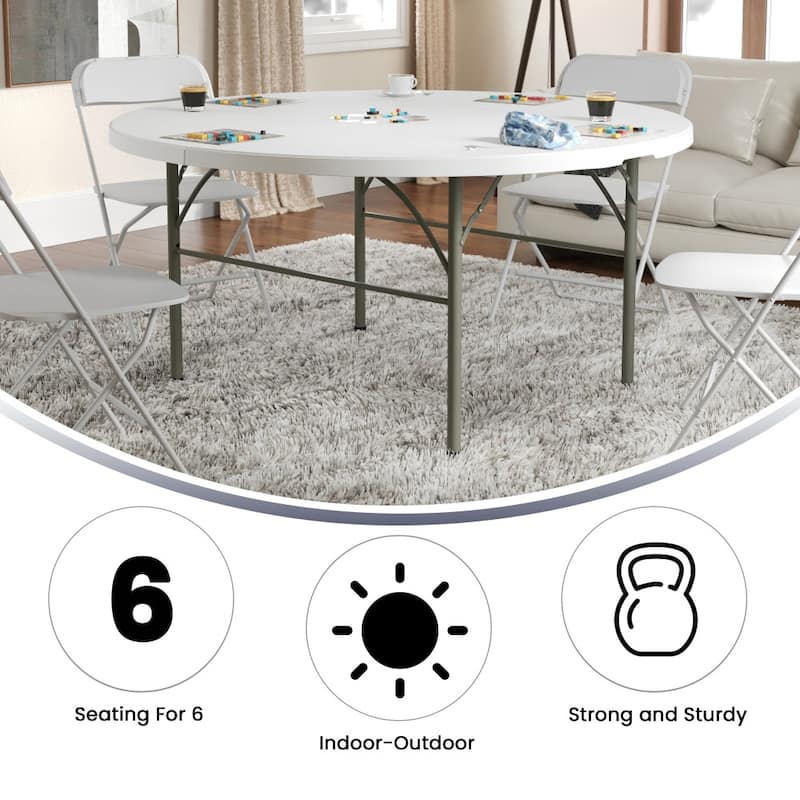 5-Foot Round Bi-Fold Plastic Folding Table with Carrying Handle - 60.5"W x 60.5"D x 29.5"H