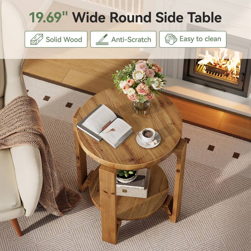 Round End Table with Storage Shelf, 2 Tier Solid Wood Side Table for Living Room