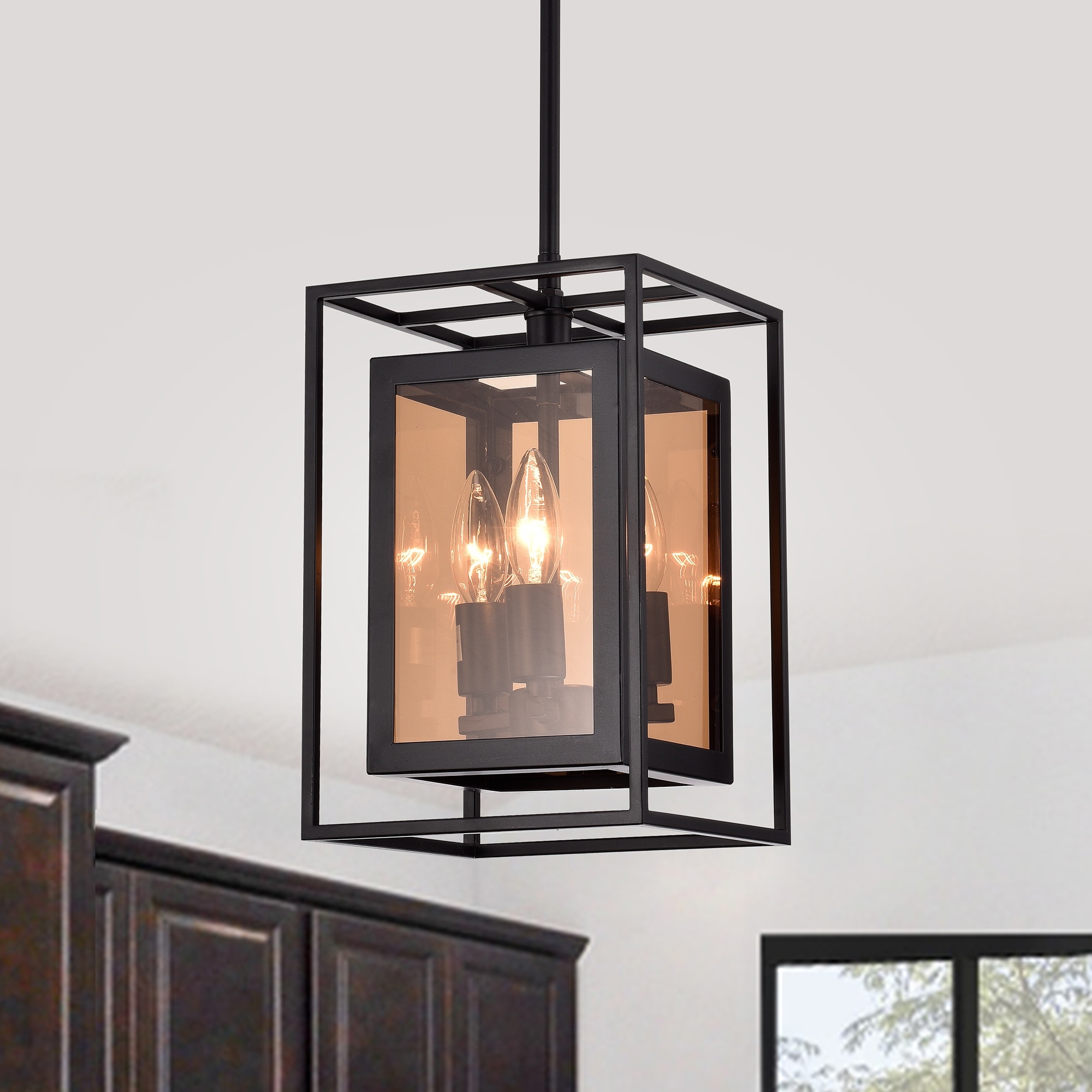 Warehouse of Tiffany Pendant Light Matte Black 3-Light Metal & Glass Geometric