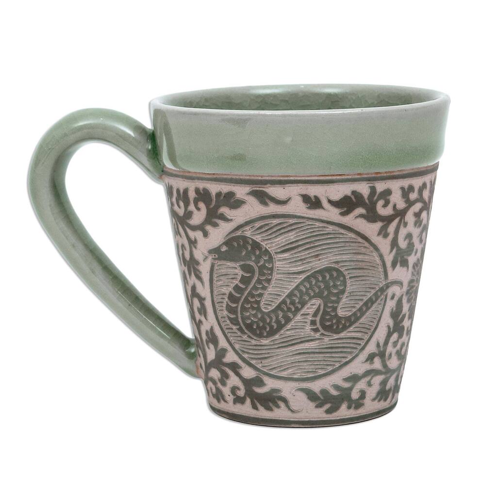 Handmade Thai Zodiac Snake Celadon ceramic mug (Thailand)