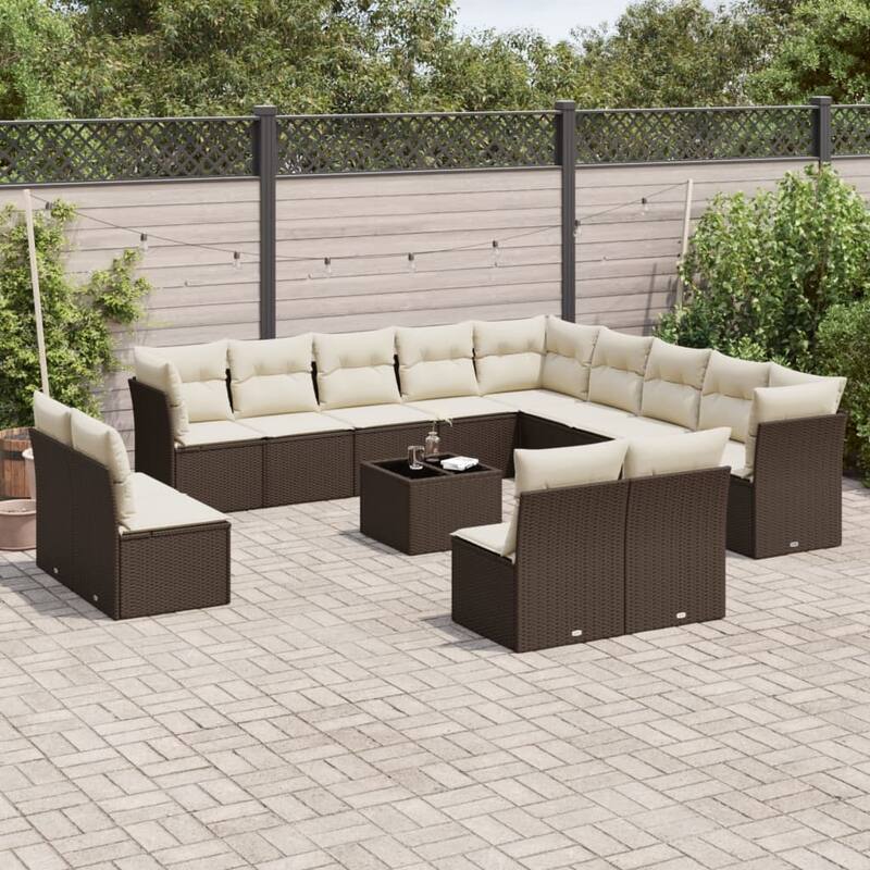 vidaXL Patio Sofa Set with Cushions Outdoor Furniture 14 Piece Poly Rattan - Brown and cream - 21.7 x 21.7 x 14.6