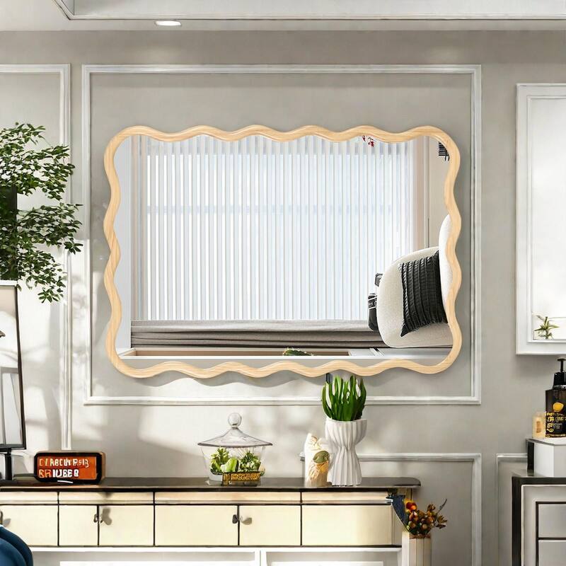 Solid Wood Wavy Frame Wall Mirror, 40"x28" Rectangle Design for Entryway, Cloakroom, and Dining Room