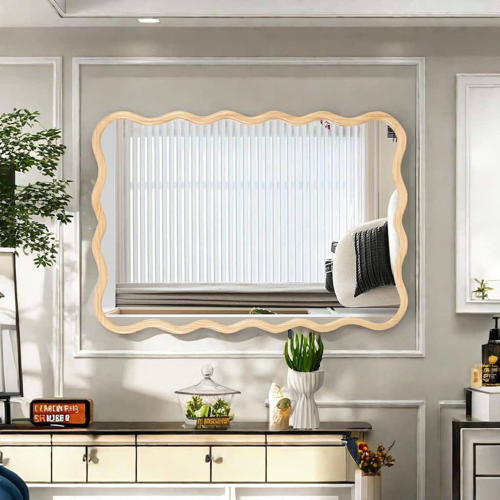 Solid Wood Wavy Rectangle Mirror 40" x 28" Modern Mirror Wall Decor