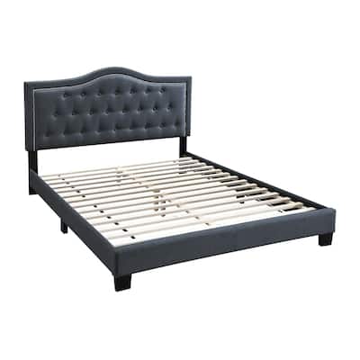 Button Tufted Burlap Bed with Curved Headboard, Charcoal Grey
