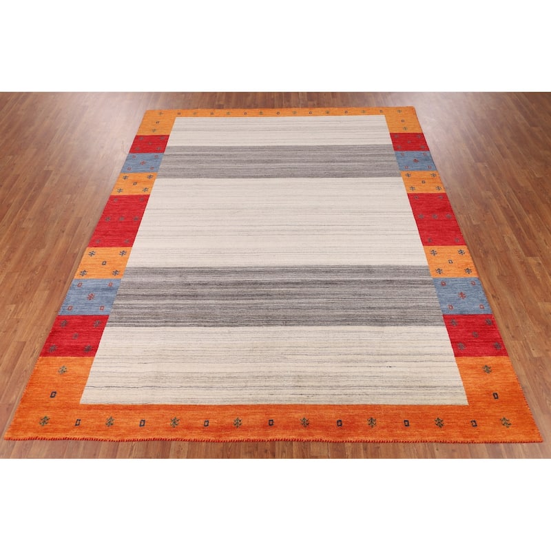 Modern Gabbeh Oriental Area Rug Hand-Knotted Beige Wool Carpet - 8'5" x 9'9"