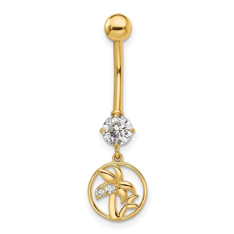 Curata 14k Yellow Gold 14g CZ Dangle Palm Trees Belly Button Navel Ring Piercing