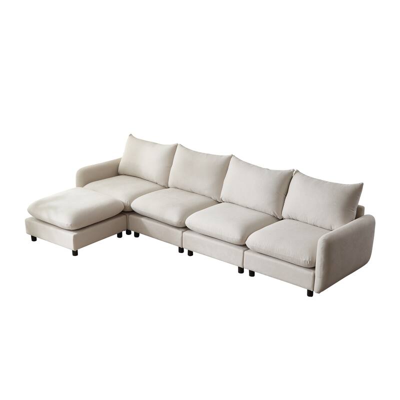 L Shaped Modular Sectional Sofa with Ottoman, Oversize Fabric Upholstered Sofa, 5 Seat Sofa with Removable Cushions