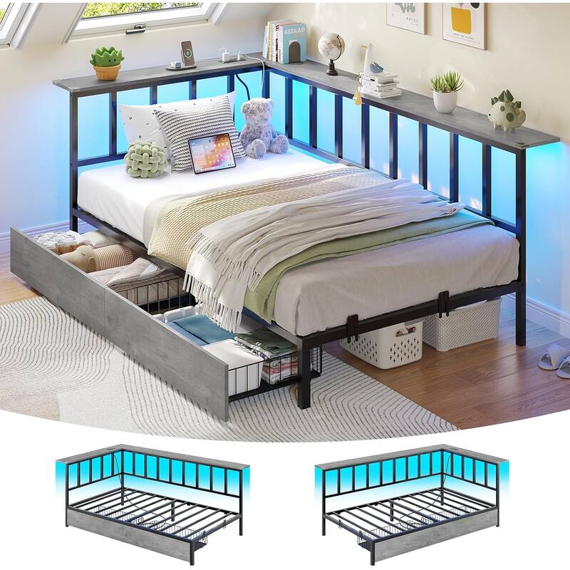 Corner Bed Frame 2 Storage Drawers Daybed Charging Station LED Lights - Grey - Twin XL