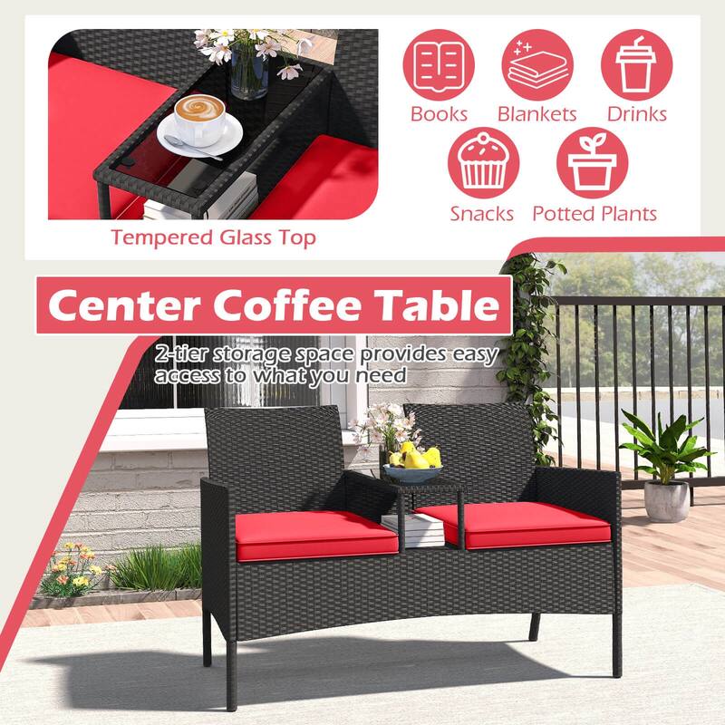 Costway Patio Loveseat with Built-in Table Soft Cushions & Tempered - See Details