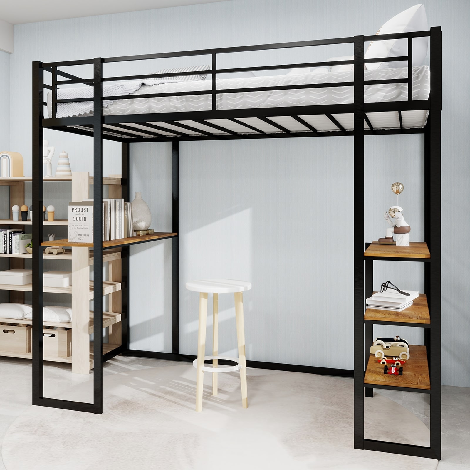 Iron High Loft Bed with Storage Shelves and Desk, Heavy Duty Metal Bed Frame with Safety Guardrail, No Box Spring Needed
