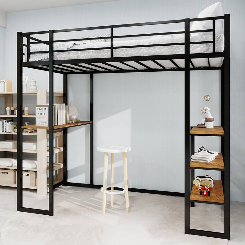 Iron High Loft Bed with Storage Shelves and Desk, Heavy Duty Metal Bed Frame with Safety Guardrail, No Box Spring Needed - Black - Twin