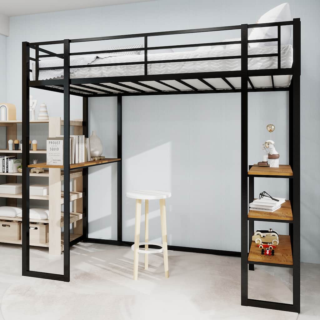 Iron High Loft Bed with Storage Shelves and Desk, Heavy Duty Metal Bed Frame with Safety Guardrail, No Box Spring Needed
