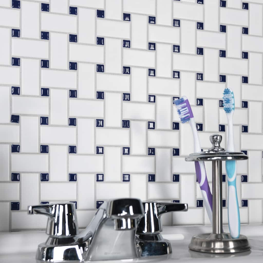 Merola Tile Metro Basketweave White w/ Glossy Cobalt Dot 11-3/4" x 11-3/4" Porcelain Floor and Wall Tile