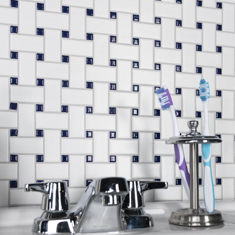 Merola Tile Metro Basketweave White w/ Glossy Cobalt Dot 11-3/4" x 11-3/4" Porcelain Mosaic Floor and Wall Tile