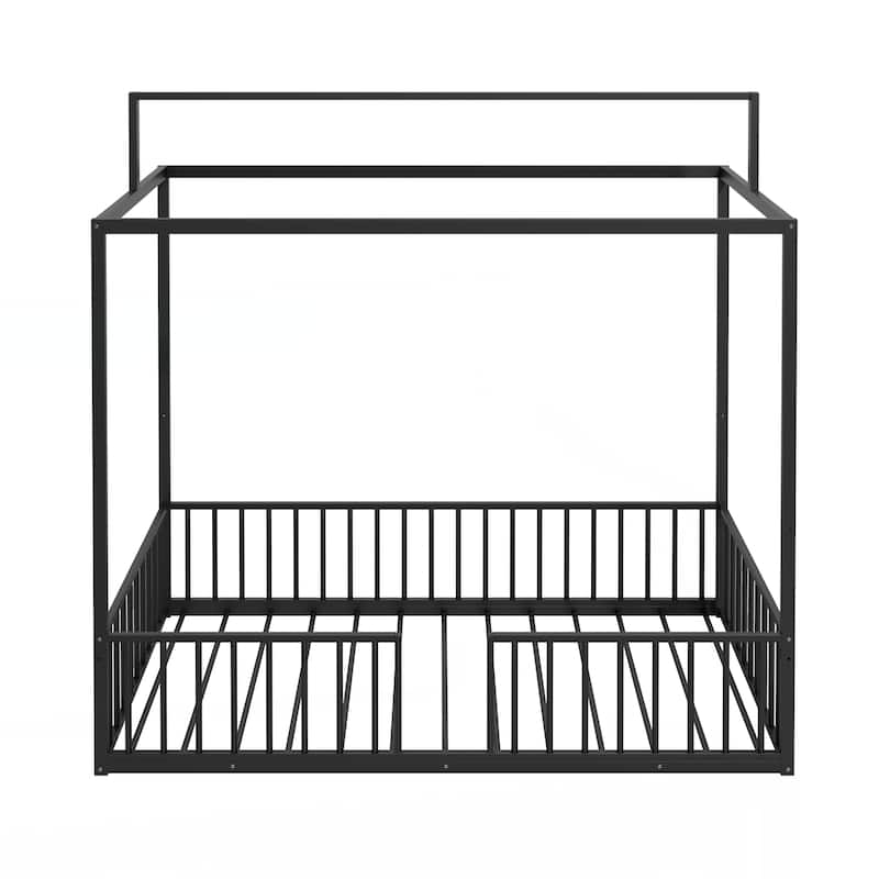 3-in-1 Convertible Montessori Metal floor bed,Fenced toddler bed with Sturdy Metal Slats Support