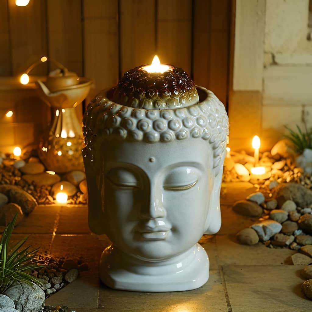 Glitzhome 18"H Zen-Style Buddha Head Ceramic LED Lighted Tabletop or Outdoor Floor Fountain