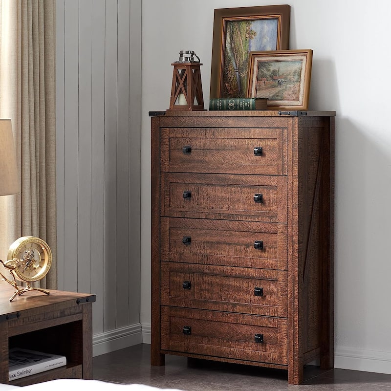 48" Tall Farmhouse 5 Drawer Wood Dresser, Chest of Drawers for Bedroom