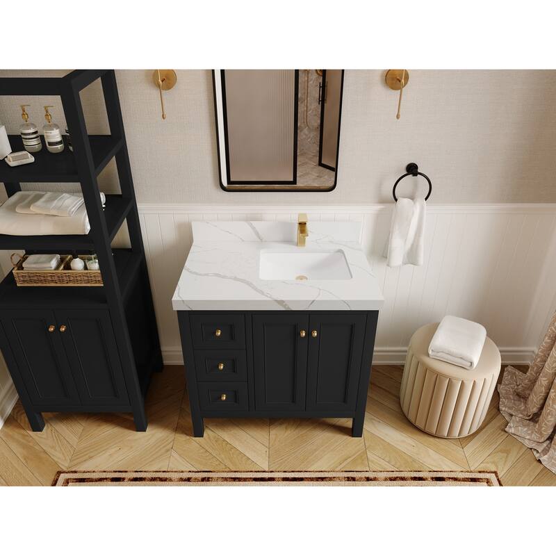 Willow Collections 36 in. W x 22 in. D Nashville Right Offset Sink Bathroom Vanity with Countertop - 2”Calacatta Laza - Black