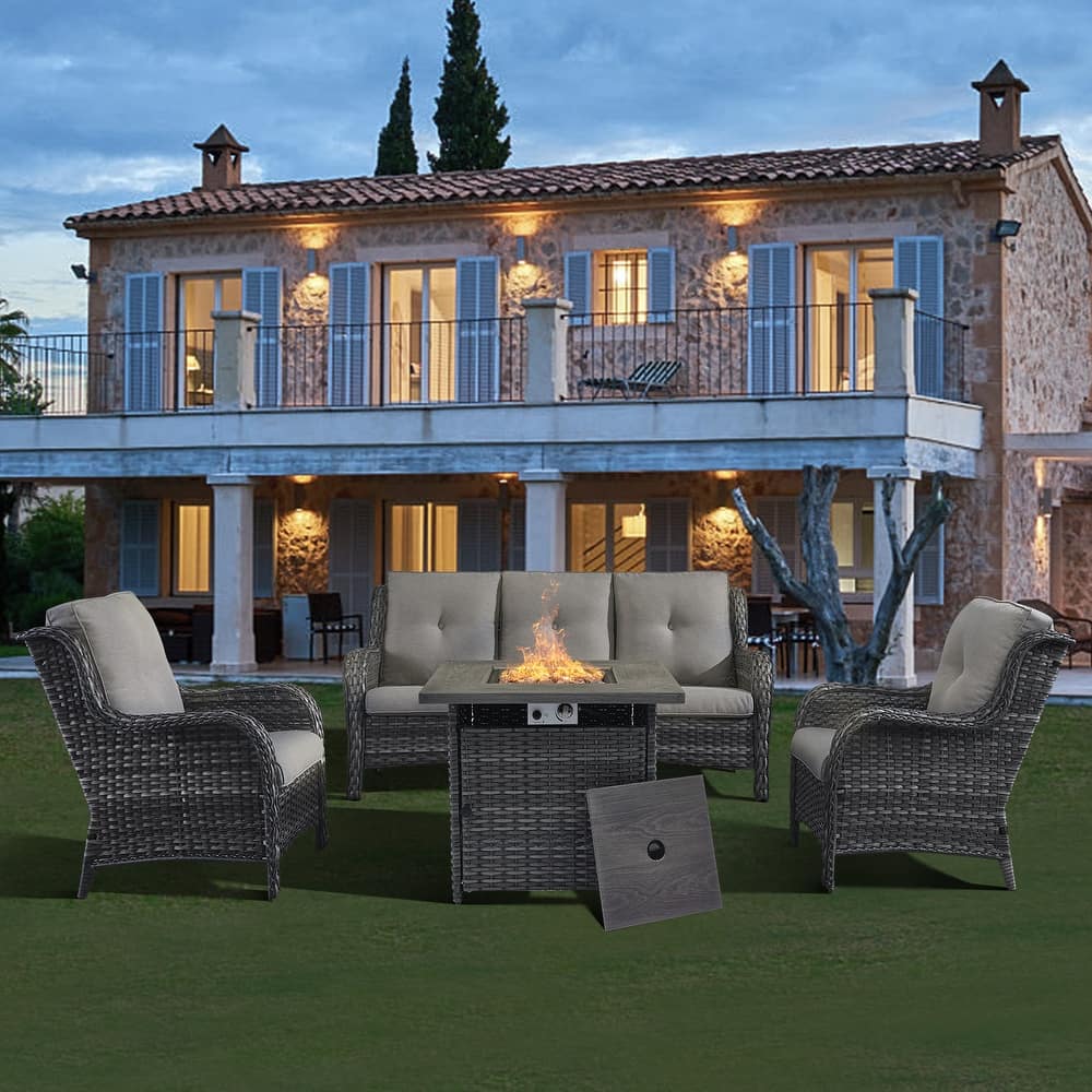 Gymojoy Patio Outdoor Wicker Sofa Set with Fire Pit Table