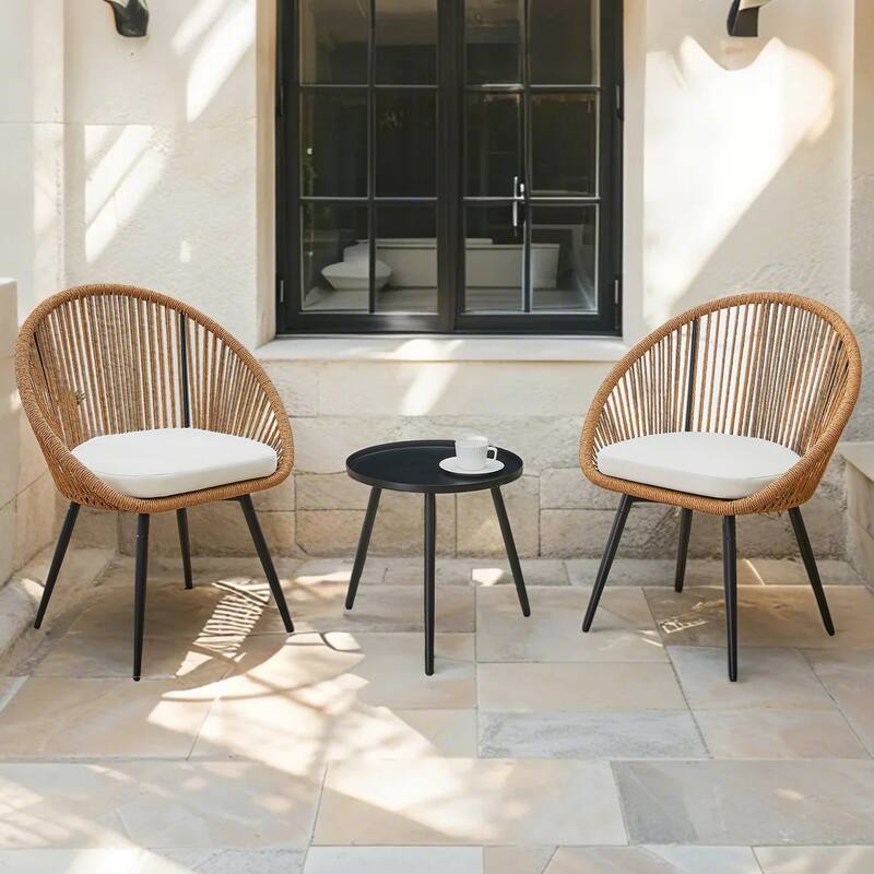 Roomfitters 3-Pcs Outdoor Furniture Set with Rattan Swivel Chairs and Round Coffee Table, Patio Seating, Natural