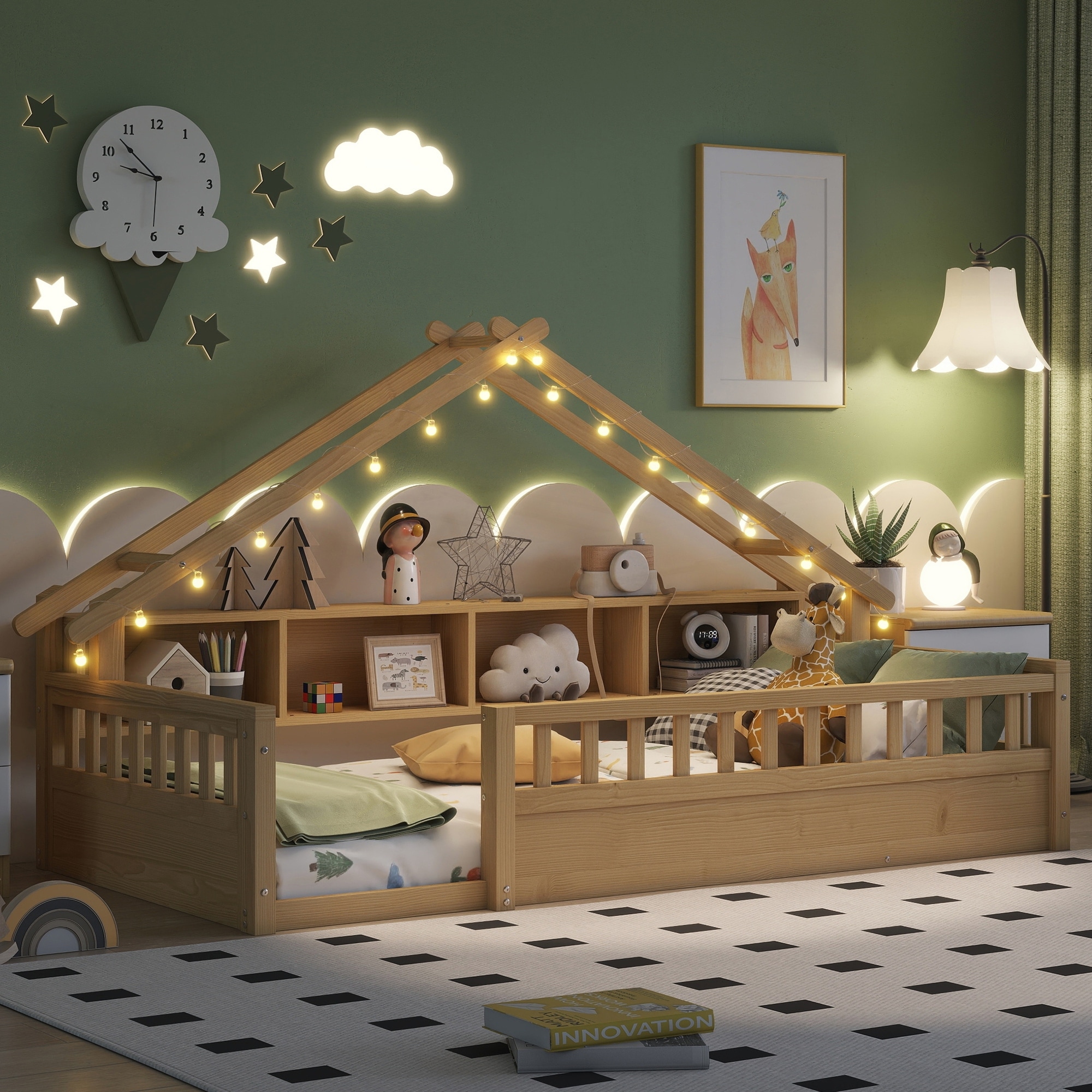 Floor Bed with Light, Wood Floor Bed with Storage Bookshelves, Floor Bed with Roof Shape for Kids