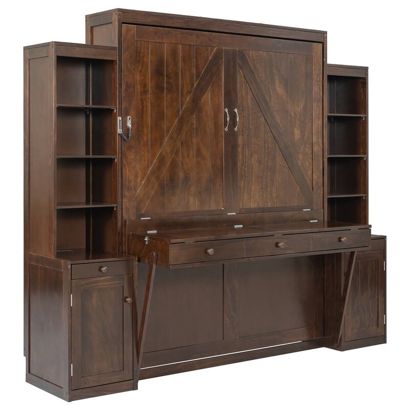 Queen Murphy Bed with Desk & Storage, Space-Saving Wall Bed with Cabinets