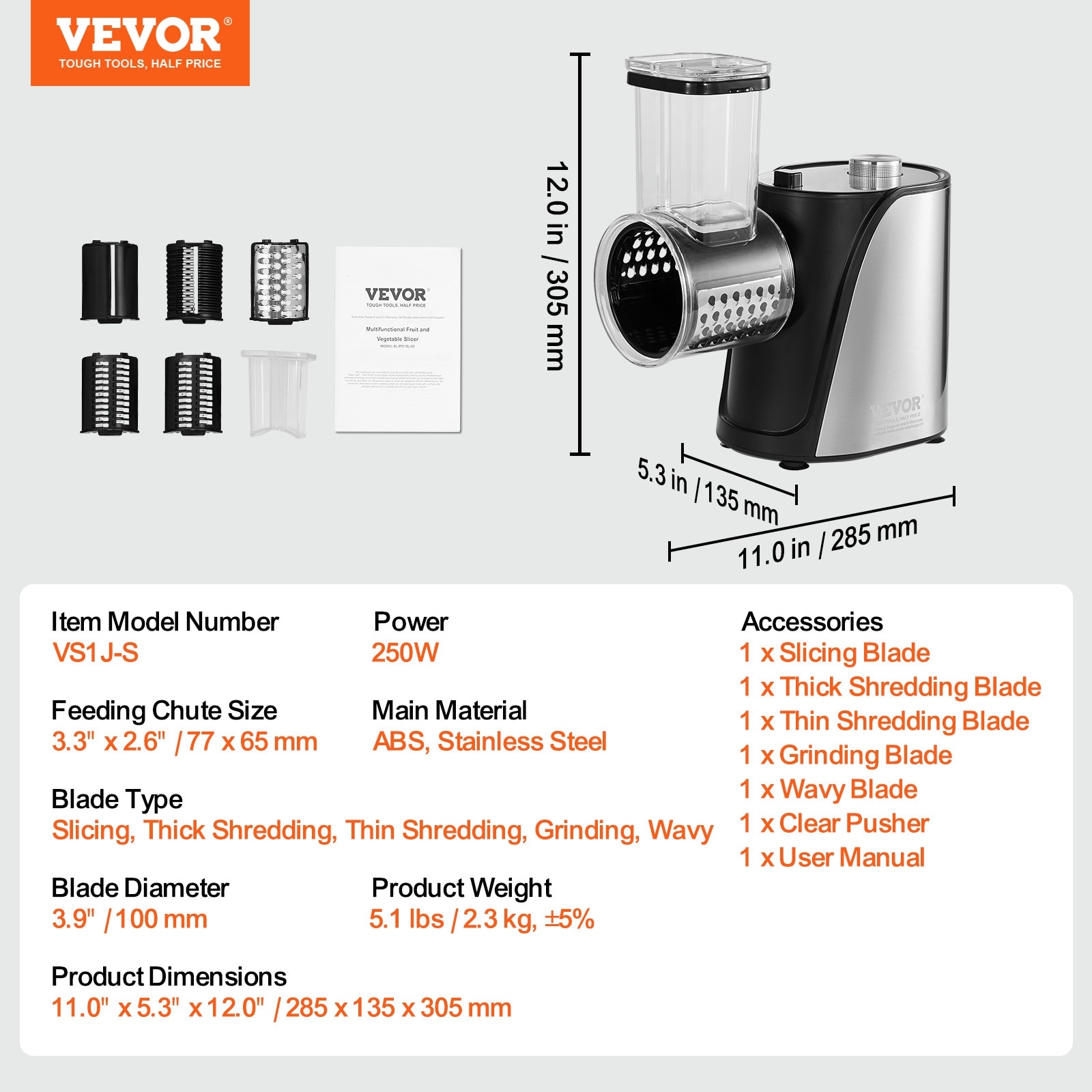 VEVOR Electric Grater Salad Maker Electric Vegetable Slicer Shredder Chopper for Fruits Food Cutter for Vegetables and Cheeses