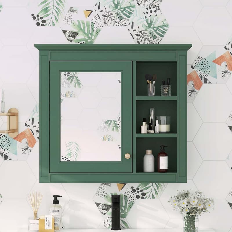 30'' x 28'' Wall Mounted Bathroom Storage Cabinet with Mirror,Modern Design,3 Open Shelves,and Concealed Storage