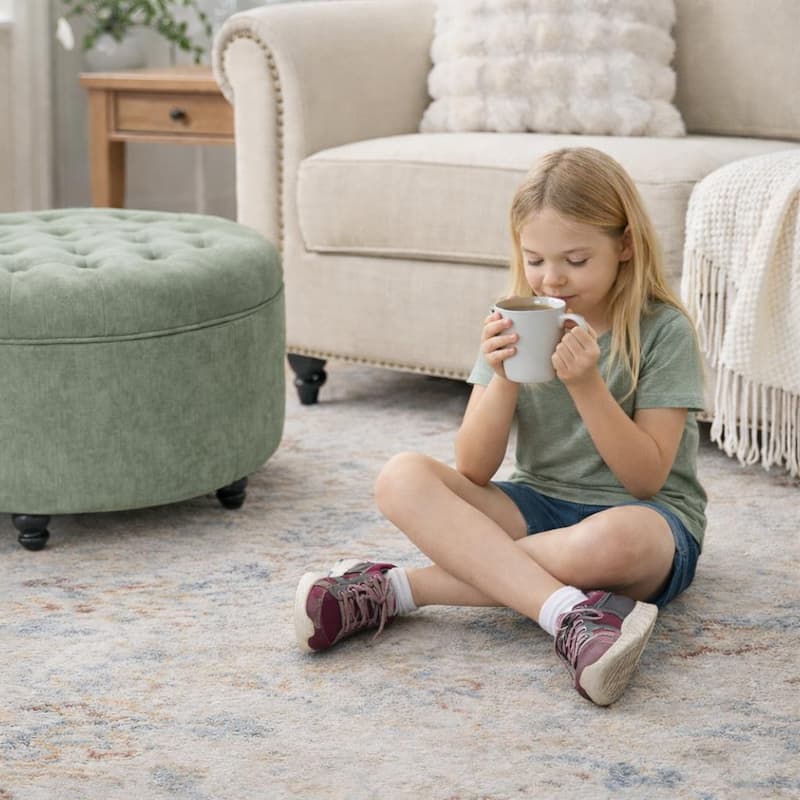 Tufted Large Round Storage Ottoman Footrest Beige/ Grey/ Blue