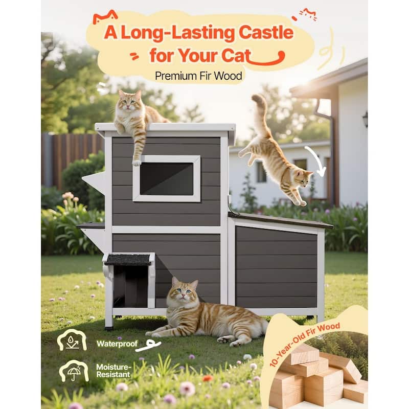 Outdoor Wooden Cat House for Multiple Cats with Waterproof Roof and Elevated Weatherproof Design