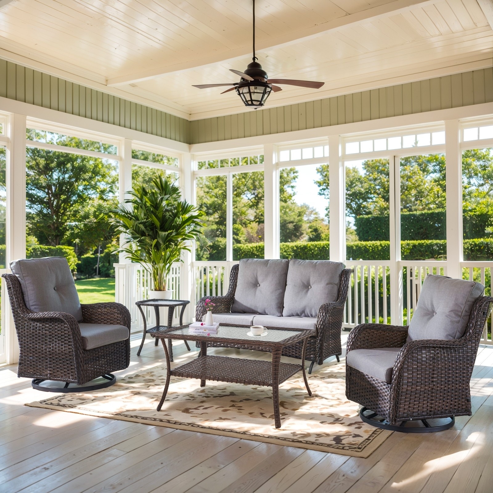 Patio Loveseat with Swivel Chair and Coffee Table - Grey cushion - Brown