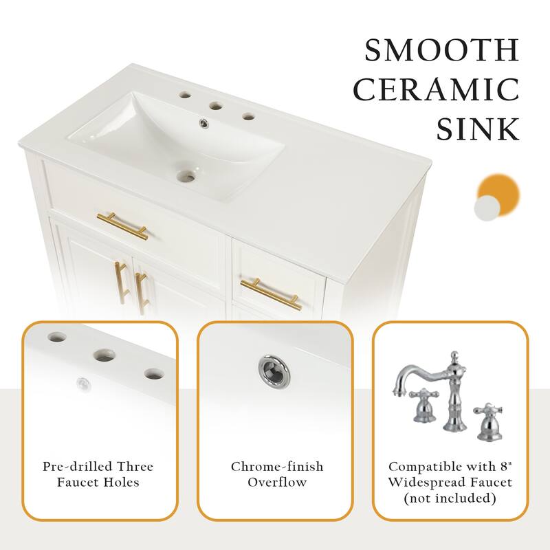 Roomfitters 36" Bathroom Vanity with Sink, Left-Side Basin, Solid Wood Frame, 2 Doors & 3 Drawers