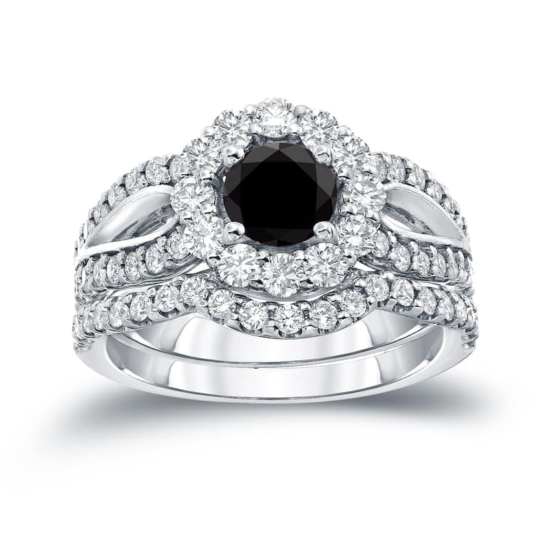 Auriya 14k Gold 2 1/3ctw Halo Black Diamond Engagement Ring Set - 4 - White