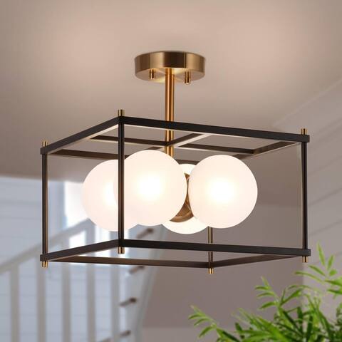 Modern 4-Light Black Gold Semi Flush Mount Ceiling Light with Frosted Glass Globe - 13.5"L x 13.5"W x 13.5"H