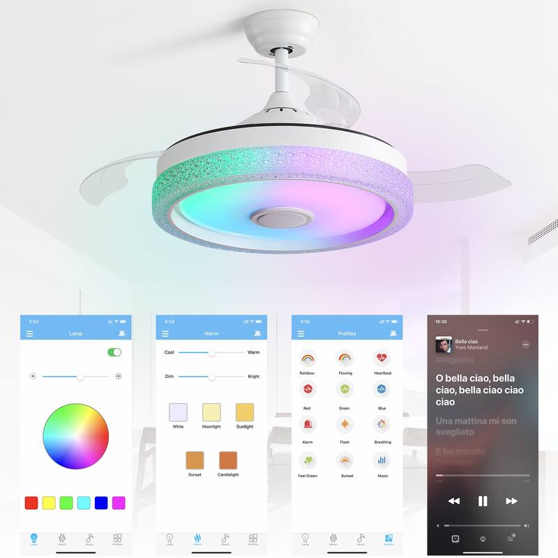 42 Inch Retractable Ceiling Fan with APP & Remote Control, Dimmable LED Ceiling Fan with Bluetooth Player - White