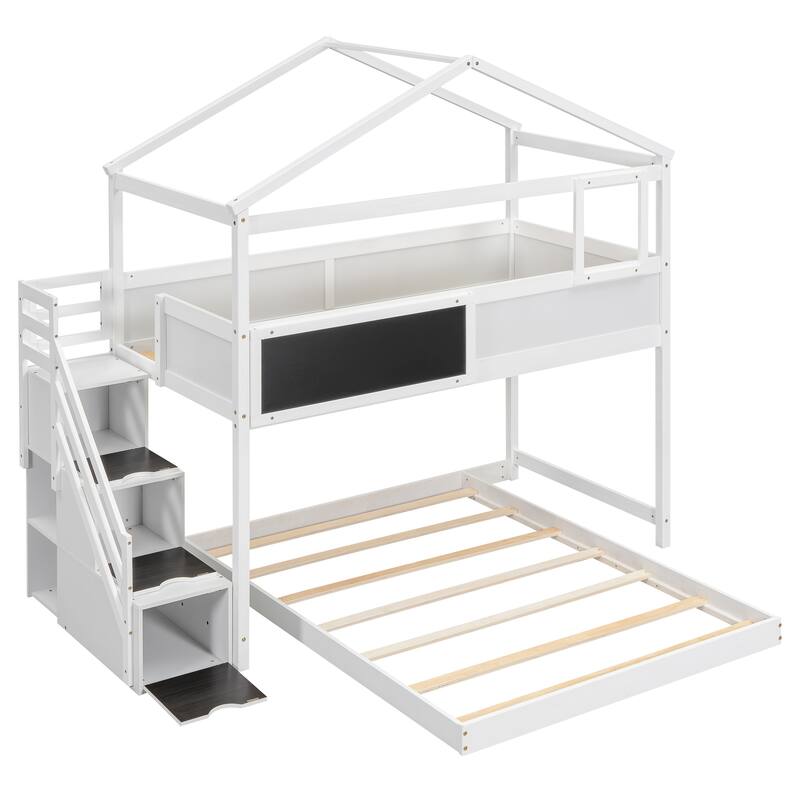 Twin Over Full Bunk Bed with Storage Staircase, Blackboard, and House Design