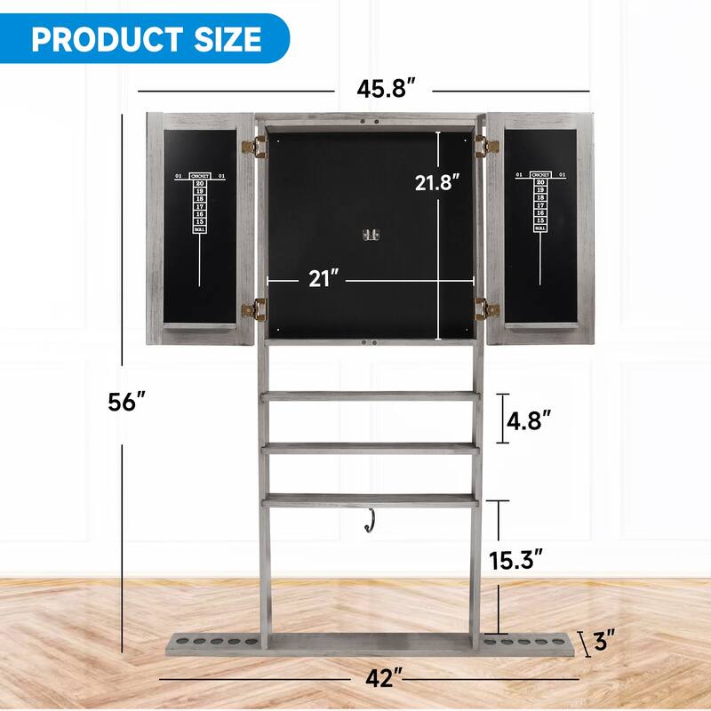 GSE™ 10-Cue Wall Mounting Billiard Cue Rack & Dart Board Cabinet Combination. Hanging Wall Pool Stick Holder & Dartboard Cabinet