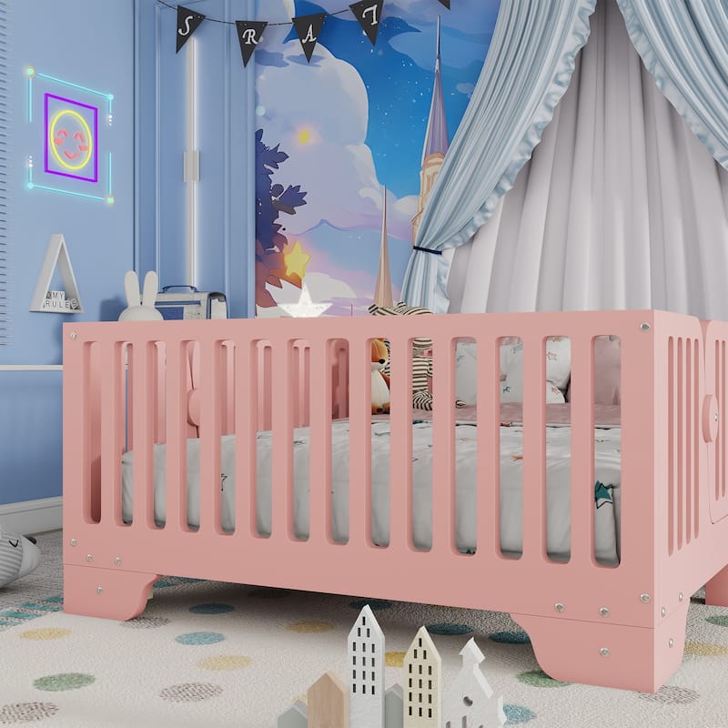 Twin Floor Bed with Slats and Fence, Twin Size Montessori Floor Beds with Door, No Box Spring Needed