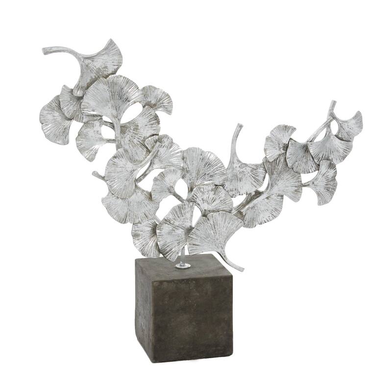 Polystone Floral Handmade Decorative Sculpture with Black Block Base - Gold - CosmoLiving by Cosmopolitan - Silver