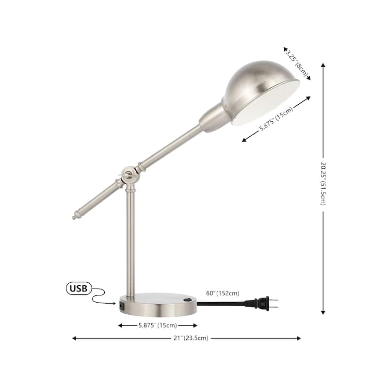Allegra 20.25" Vintage Industrial Iron Adjustable Dome Shade LED Task Lamp with USB Charging Port, by JONATHAN Y